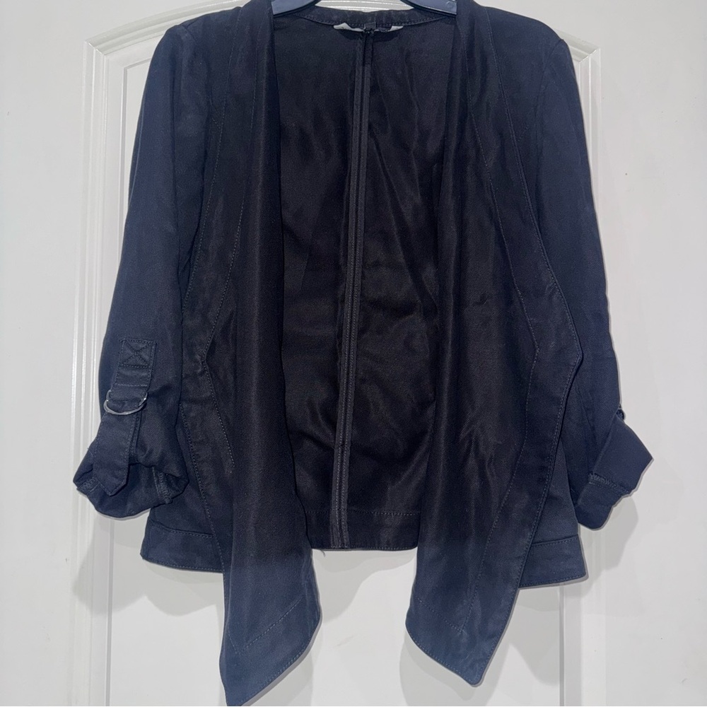 Women's WHBM Black Lyocell Open Front Roll Tab Cardigan Jacket | Size Small